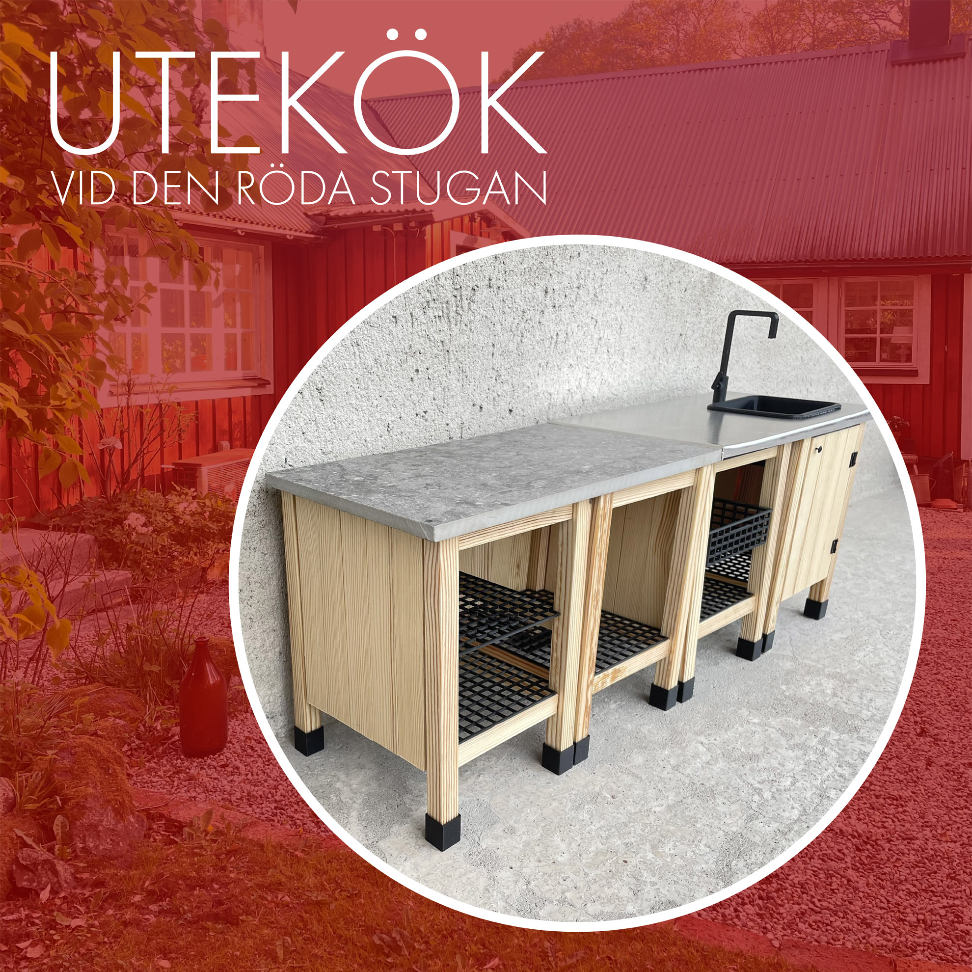 Bild på ett utekök i sten och trä med metalldetaljer. Bilden på köket ligger i en rund bubbla ovanpå en rödtonad bild av en klassisk röd stuga med vita knutar.