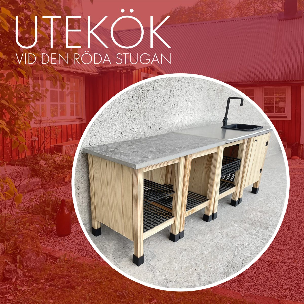 Bild på ett utekök i sten och trä med metalldetaljer. Bilden på köket ligger i en rund bubbla ovanpå en rödtonad bild av en klassisk röd stuga med vita knutar.